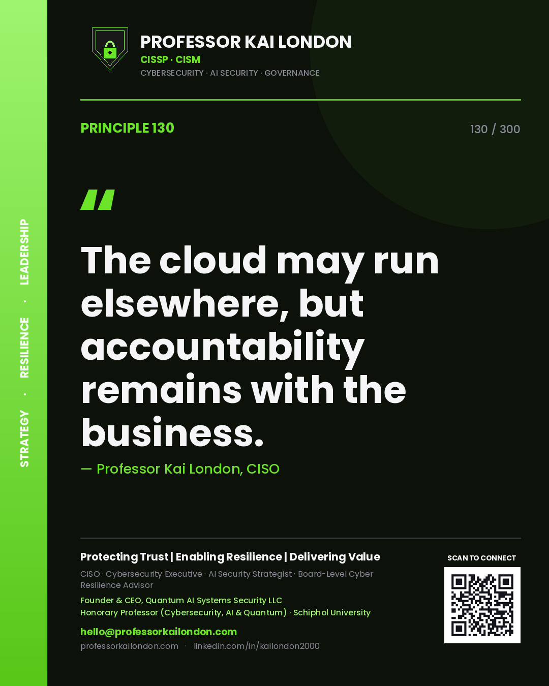 The cloud may run elsewhere, but accountability remains with the business. — Professor Kai London, CISO. Principle 130 of 300 on Cloud Risk.
