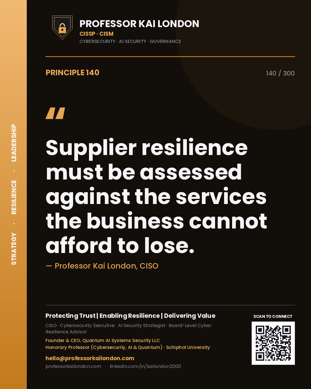 Supplier resilience must be assessed against the services the business cannot afford to lose. — Professor Kai London, CISO. Principle 140 of 300 on Operational Risk.