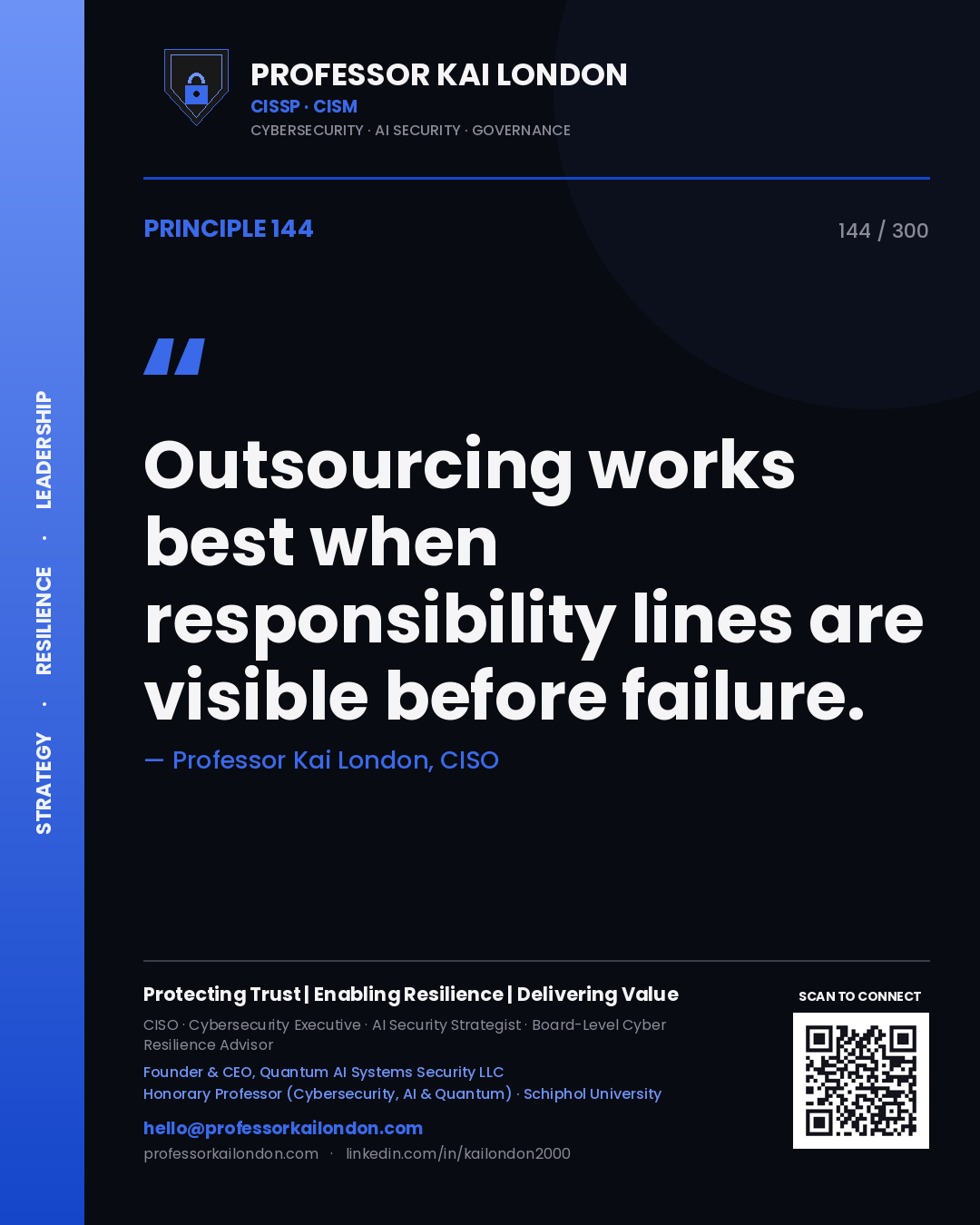 Outsourcing works best when responsibility lines are visible before failure. — Professor Kai London, CISO. Principle 144 of 300 on Governance.