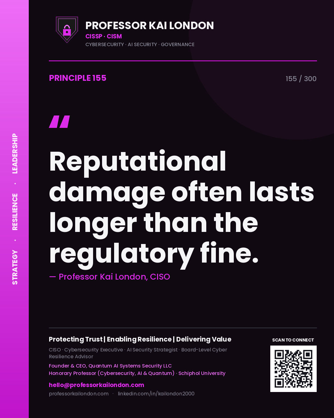 Reputational damage often lasts longer than the regulatory fine. — Professor Kai London, CISO. Principle 155 of 300 on Reputation.