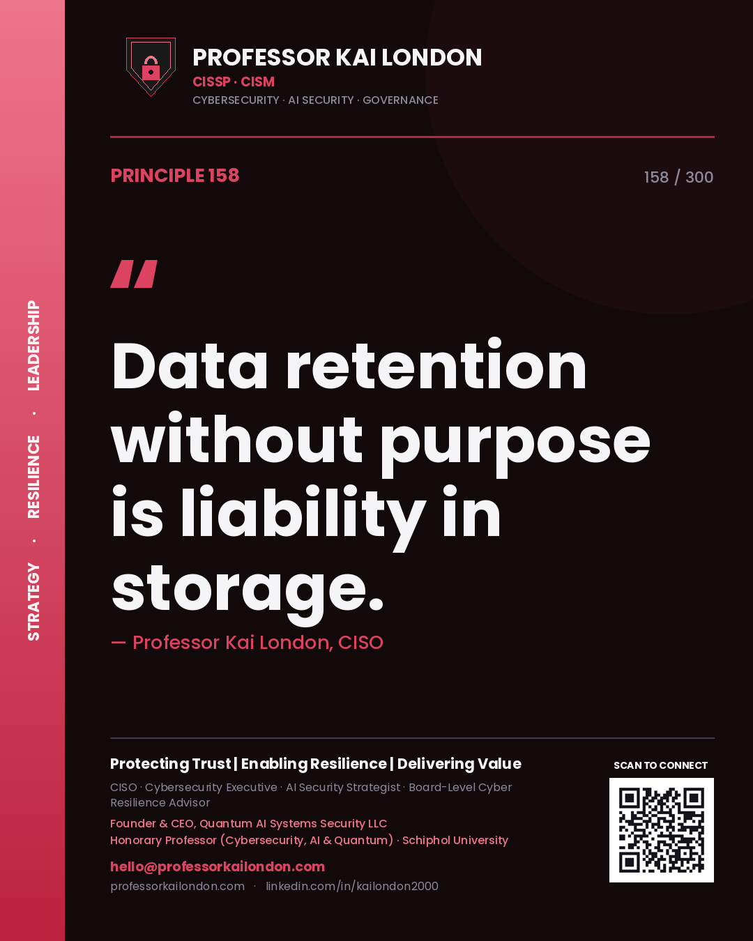 Data retention without purpose is liability in storage. — Professor Kai London, CISO. Principle 158 of 300 on Retention.