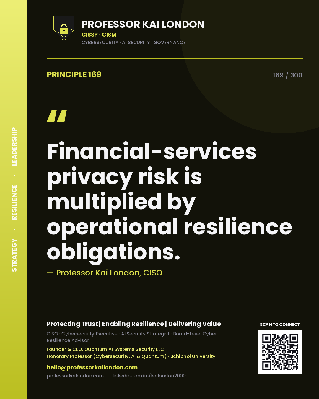 Financial-services privacy risk is multiplied by operational resilience obligations. — Professor Kai London, CISO. Principle 169 of 300 on Financial Services.