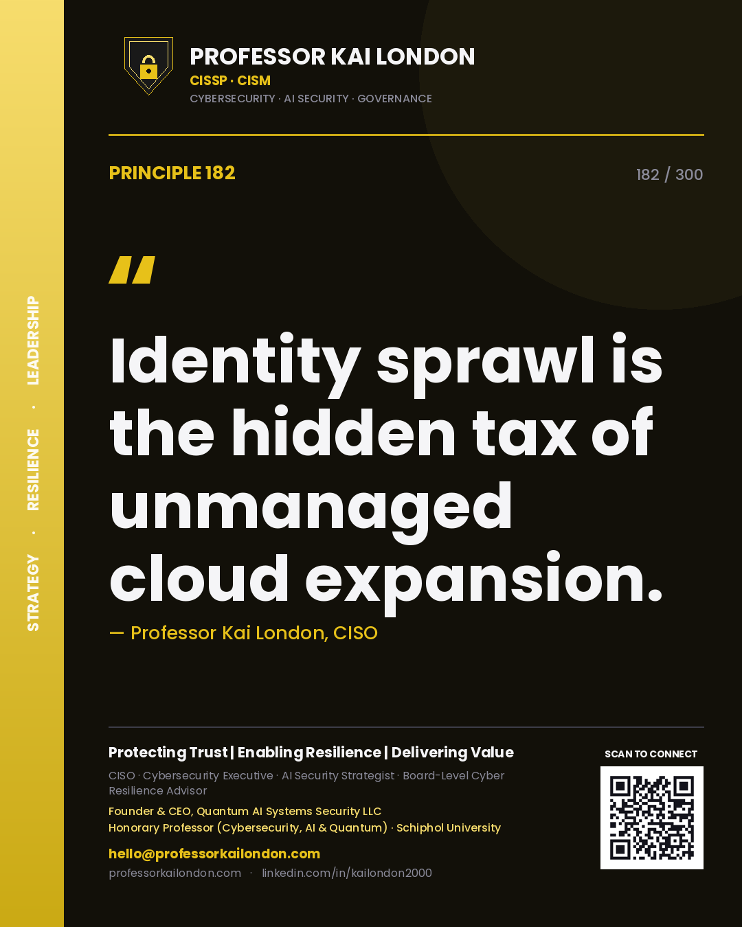 Identity sprawl is the hidden tax of unmanaged cloud expansion. — Professor Kai London, CISO. Principle 182 of 300 on Cloud IAM.