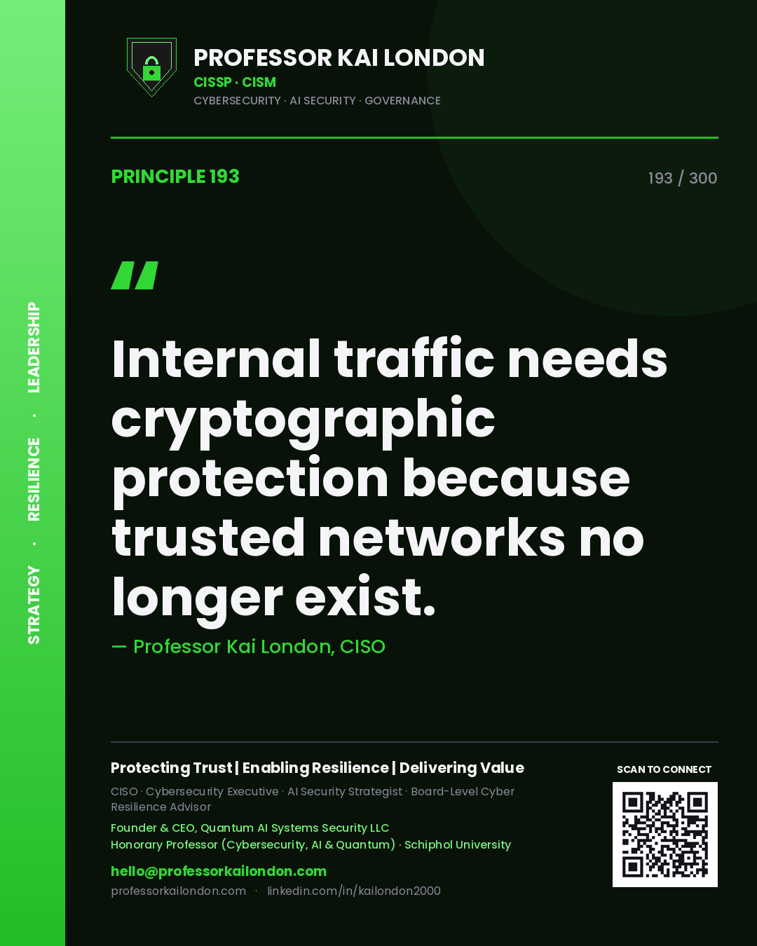 Internal traffic needs cryptographic protection because trusted networks no longer exist. — Professor Kai London, CISO. Principle 193 of 300 on Network Security.