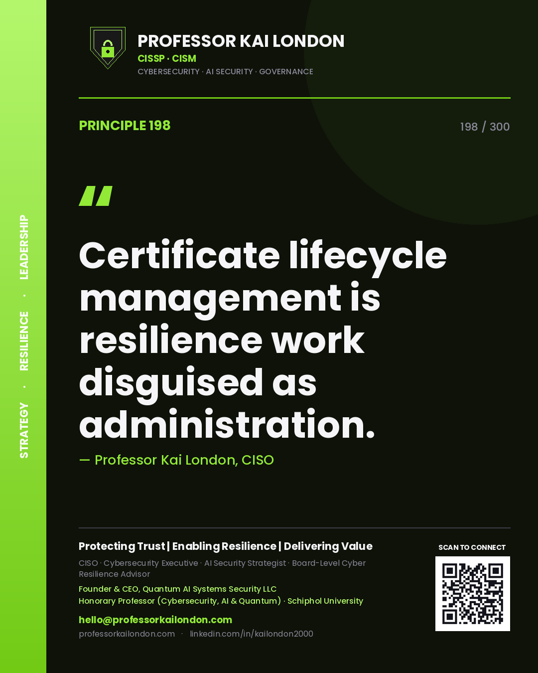 Certificate lifecycle management is resilience work disguised as administration. — Professor Kai London, CISO. Principle 198 of 300 on Certificate Ops.