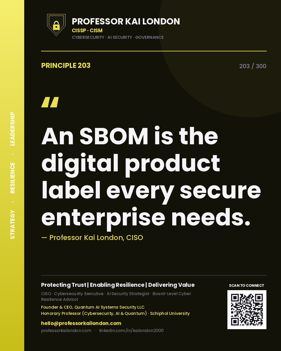 An SBOM is the digital product label every secure enterprise needs. — Professor Kai London, CISO. Principle 203 of 300 on Software Supply Chain.
