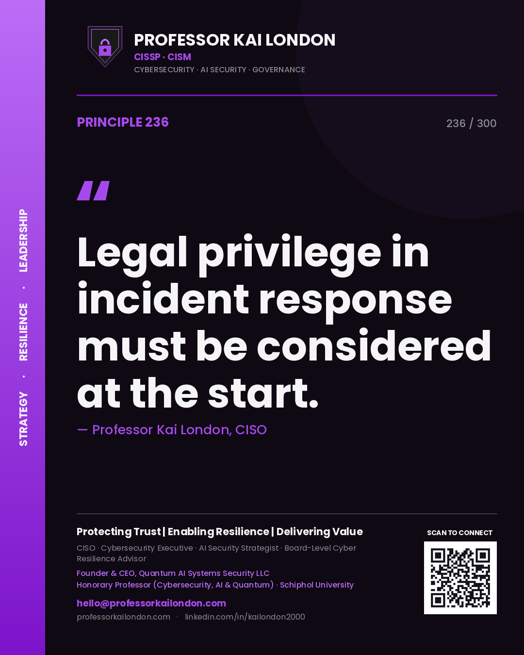 Legal privilege in incident response must be considered at the start. — Professor Kai London, CISO. Principle 236 of 300 on Legal / IR.