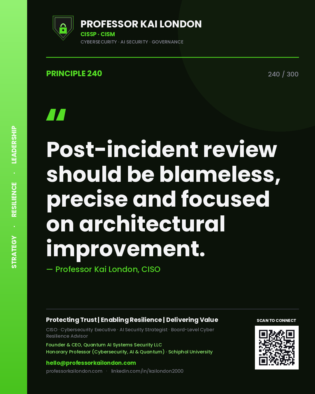 Post-incident review should be blameless, precise and focused on architectural improvement. — Professor Kai London, CISO. Principle 240 of 300 on Lessons Learned.