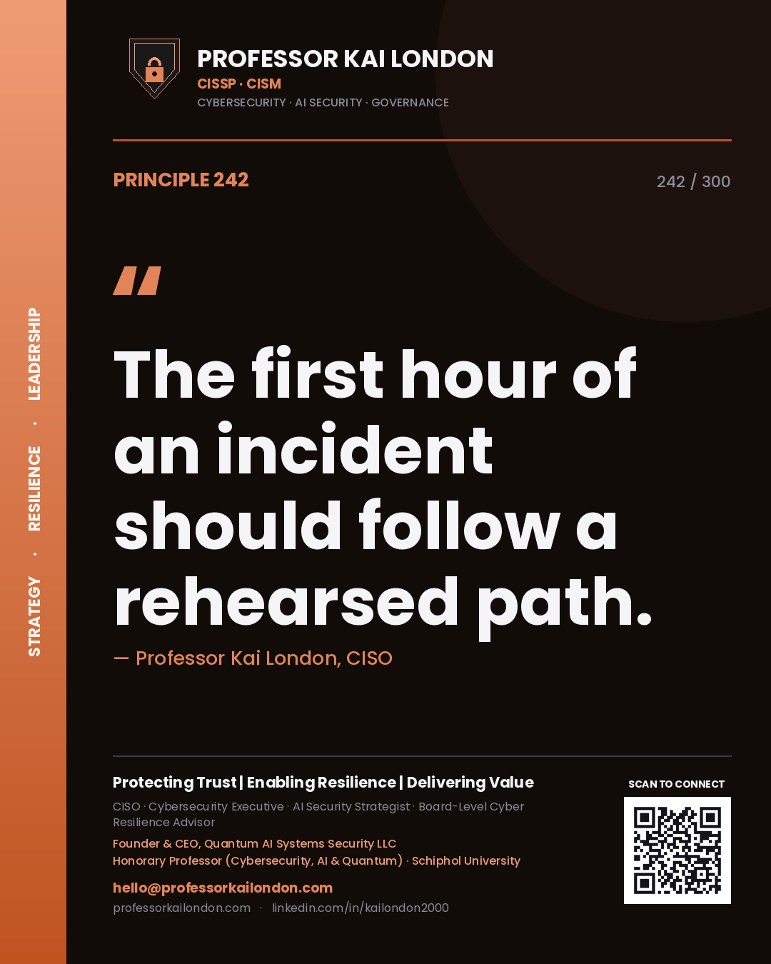 The first hour of an incident should follow a rehearsed path. — Professor Kai London, CISO. Principle 242 of 300 on IR Readiness.