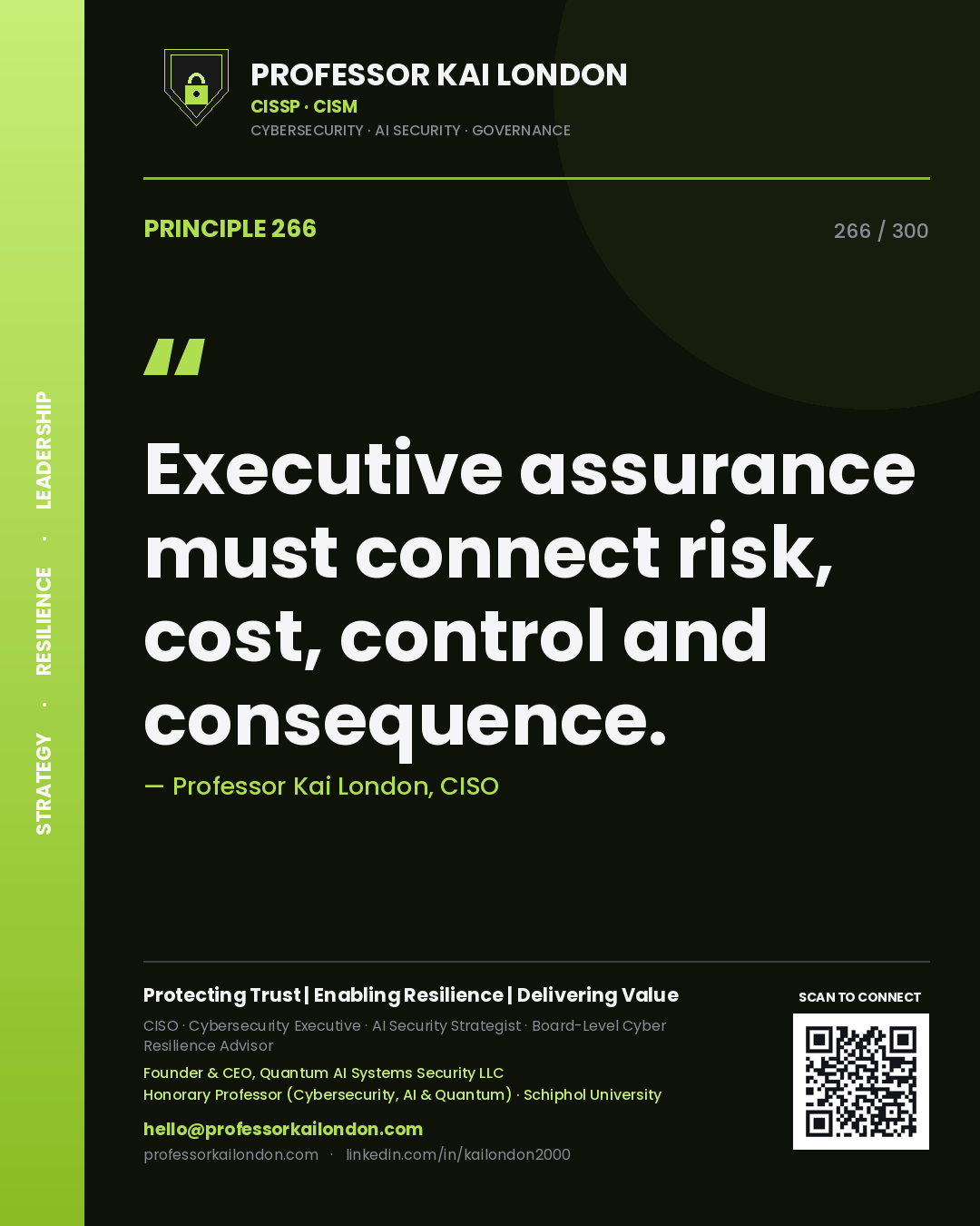 Executive assurance must connect risk, cost, control and consequence. — Professor Kai London, CISO. Principle 266 of 300 on Board Assurance.