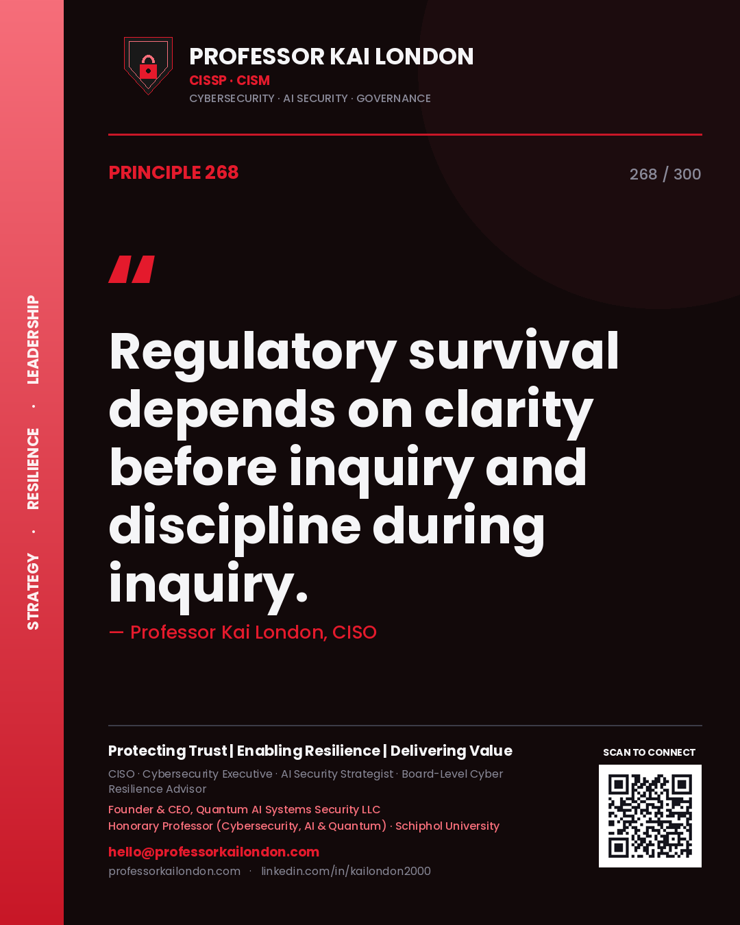 Regulatory survival depends on clarity before inquiry and discipline during inquiry. — Professor Kai London, CISO. Principle 268 of 300 on Regulatory Response.