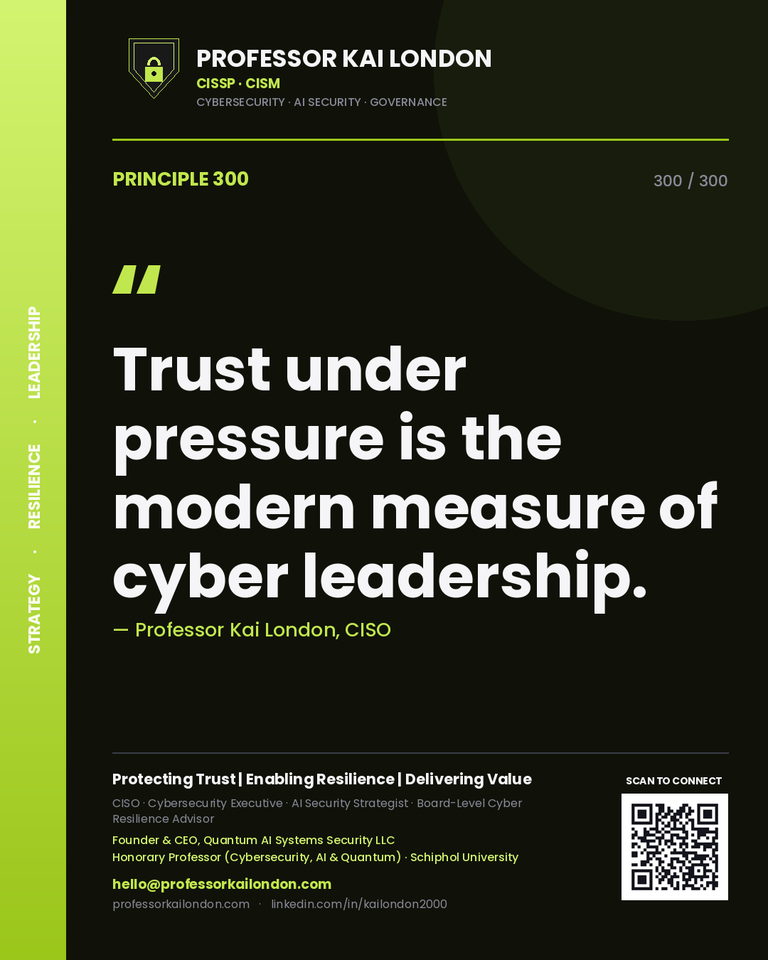 Trust under pressure is the modern measure of cyber leadership. — Professor Kai London, CISO. Principle 300 of 300 on Executive Doctrine.